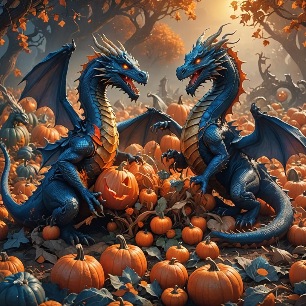 Dragons Clash in Pumpkin Patch: Fantasy Concept Art