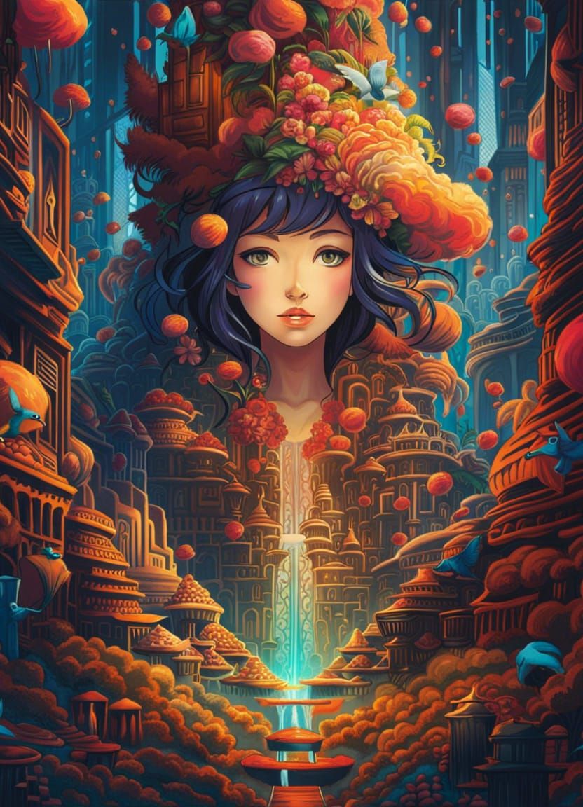 Fantasy anime girl in lost city