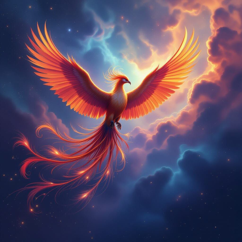 Majestic Phoenix Soaring Through Cosmic Nebula