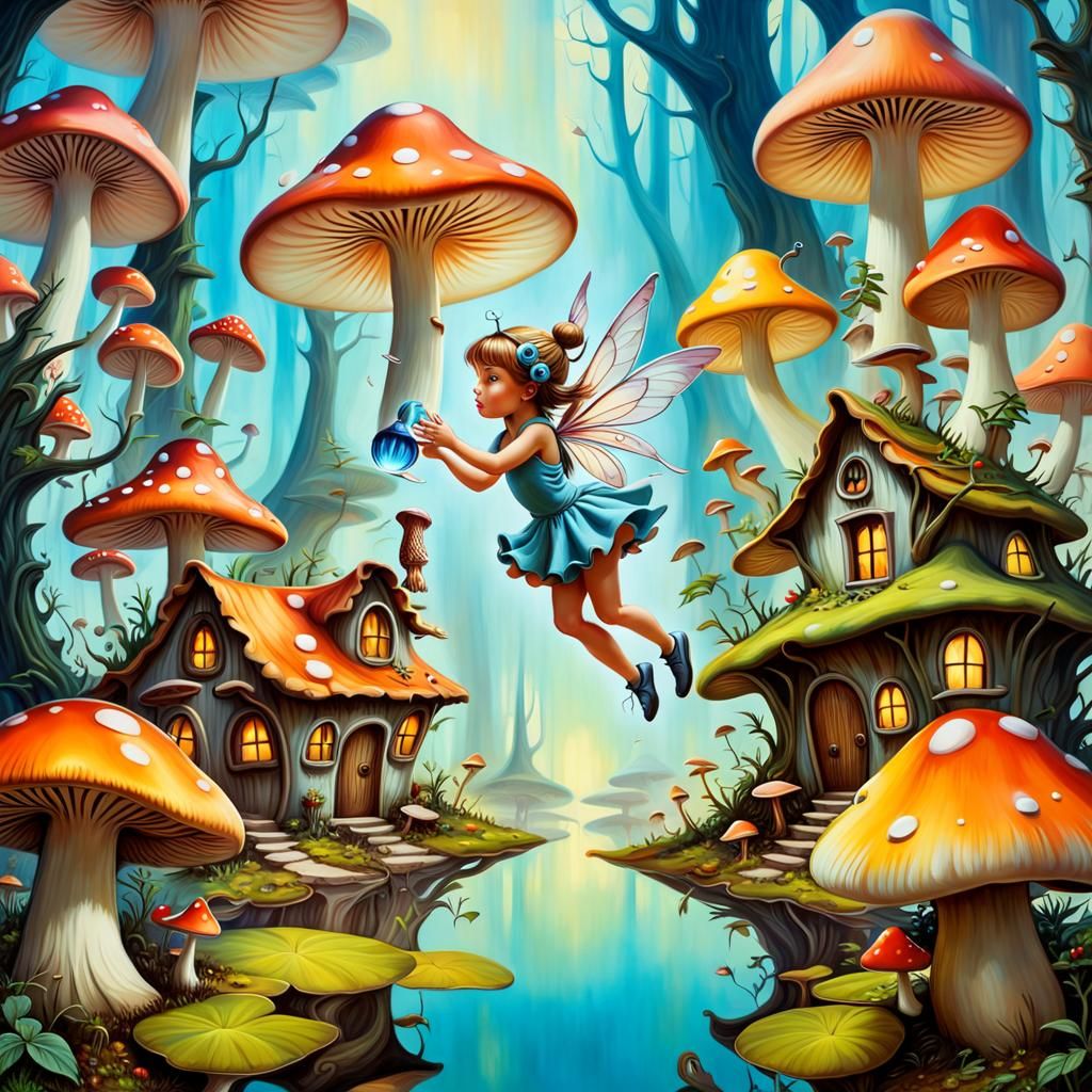 Fairy Flying Among Mushroom Houses in Surreal Style
