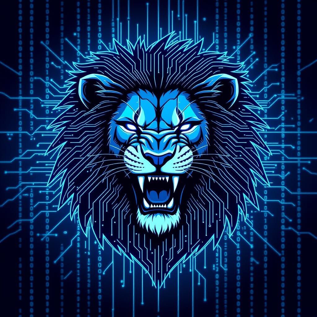 Futuristic Lion Emblem Roaring with Digital Energy