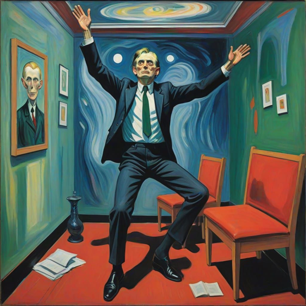 Expressionistic Image of a Tilted Room with Falling Objects