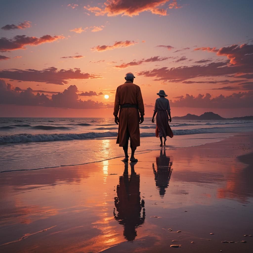 Tranquil Beach Sunset Silhouettes: A Detailed Matte Painting