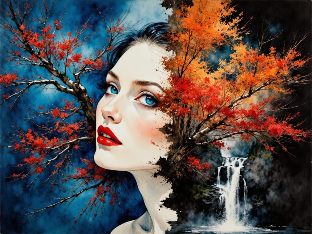 Surreal Split Landscape With Woman's Face