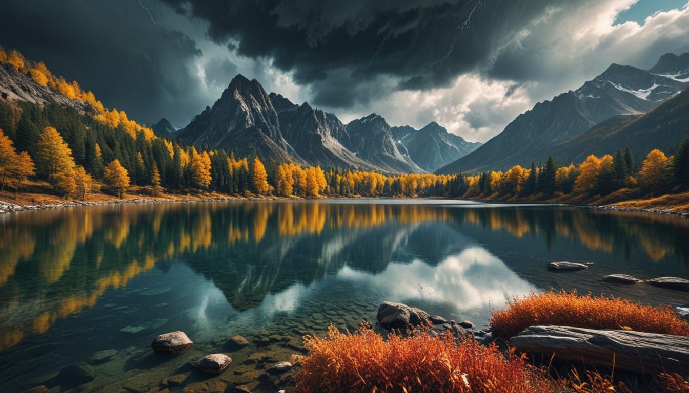 Surreal Autumn Stormscape in Majestic Mountain Lake Landscap...