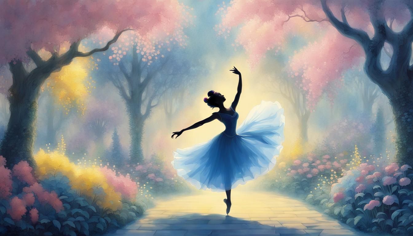 Silhouette Dancer in Ethereal Garden Scene