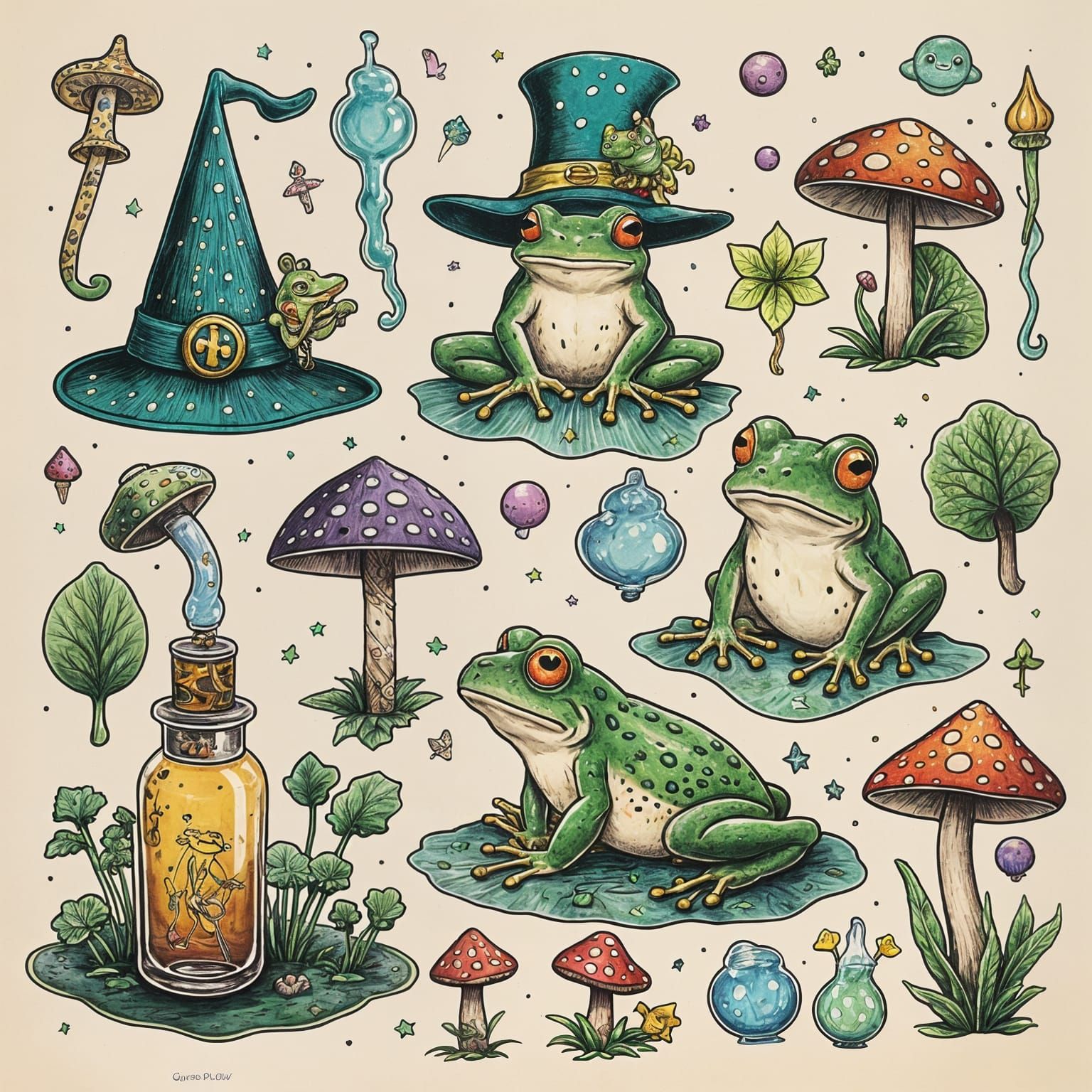 Frog Magic Tattoo Sheet