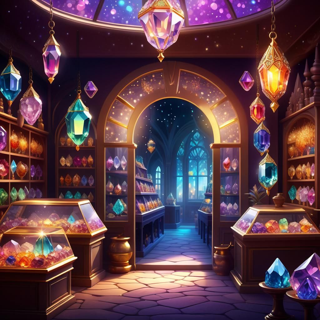 Mystical Crystal Shop: Sparkling Digital Illustration