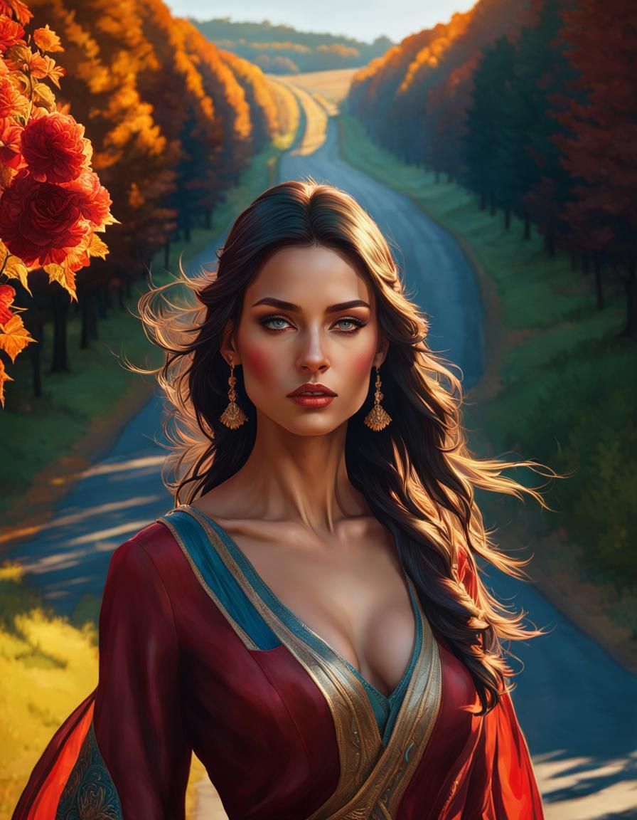 Beautiful Woman on Country Road, Hyperrealistic Portrait