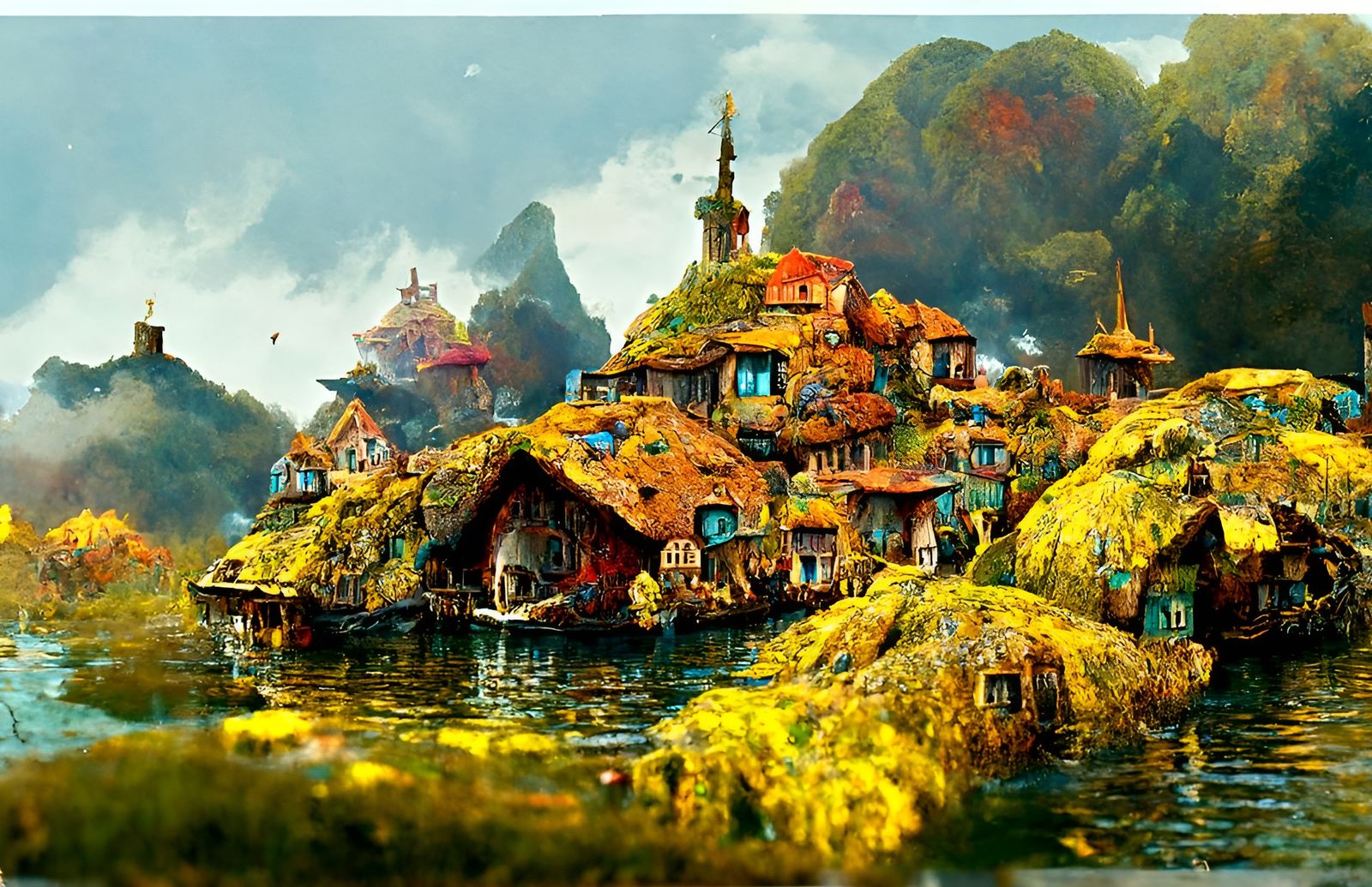 Fantasy Village on Floating Island: Watercolour Concept Art