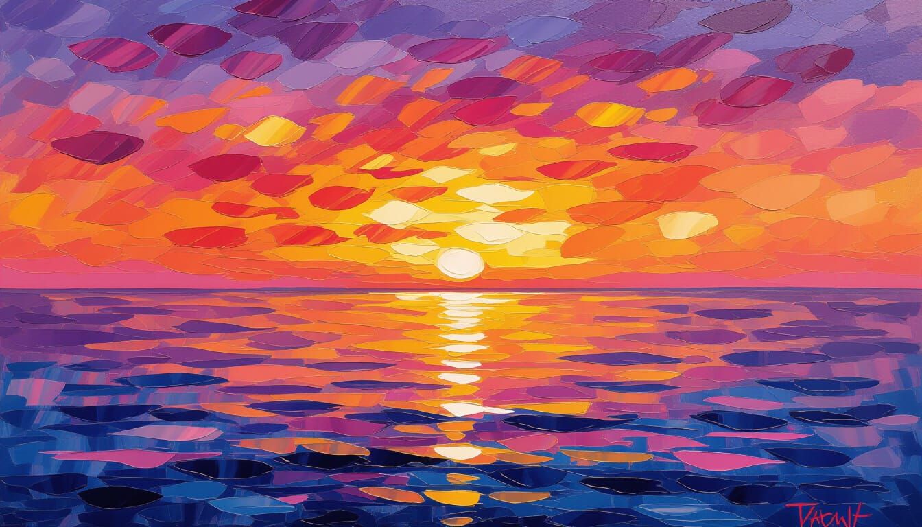 Vibrant Neo-Impressionist Sunset Over Calm Sea
