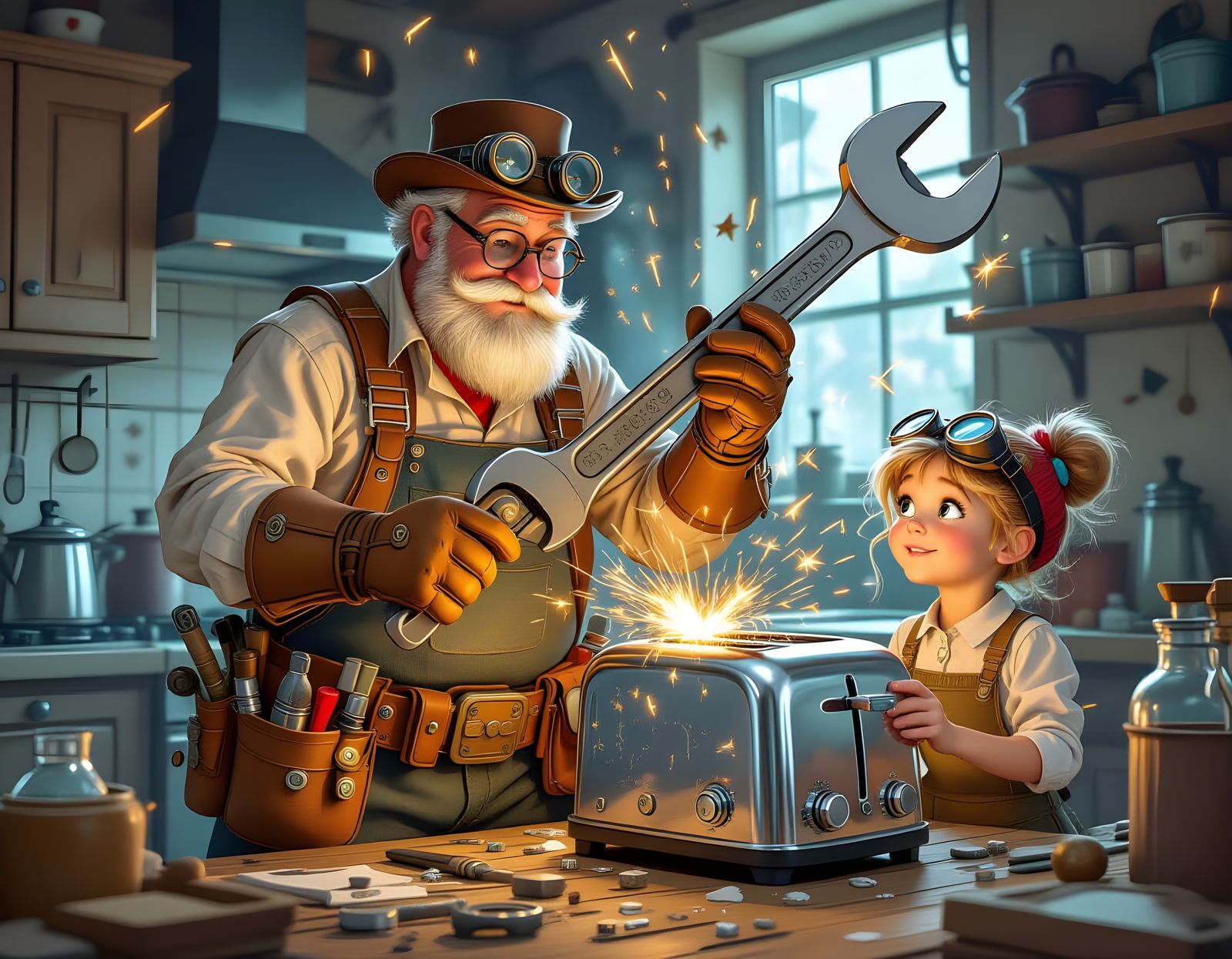 Steampunk Dad Fixing Toaster with Oversized Wrench