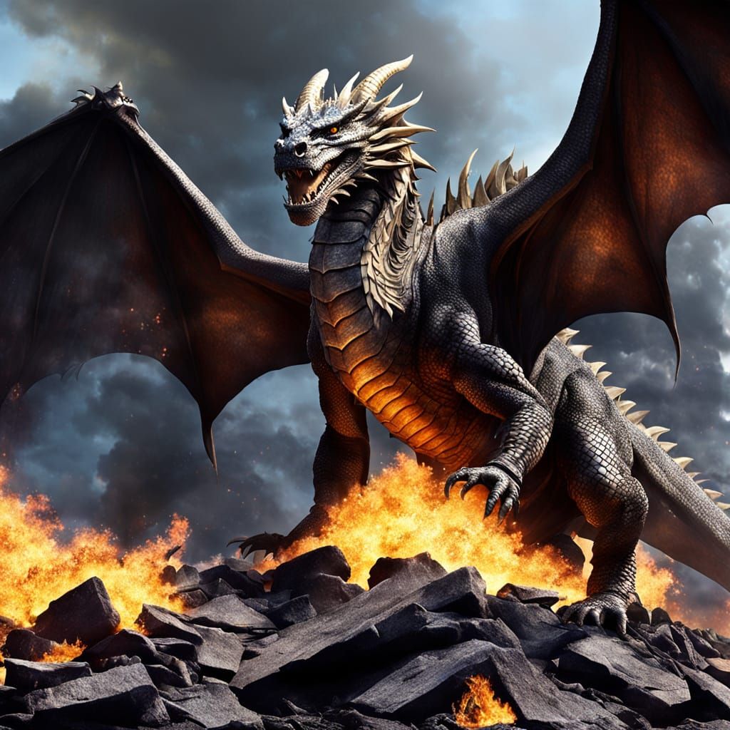 Dragon Emerges from Fiery Ruins in Vibrant Fantasy Art