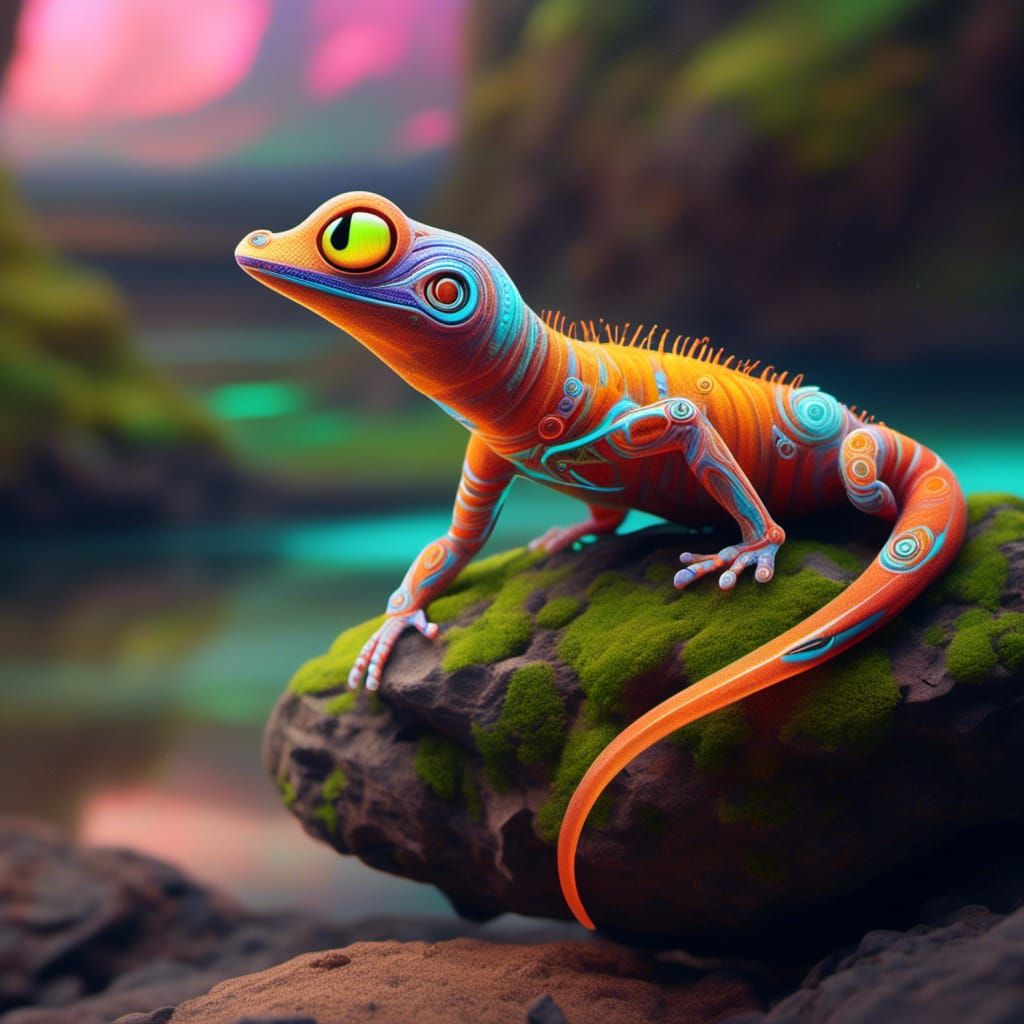 Bioluminescent Biomechanical Gecko in Cyberpunk Style