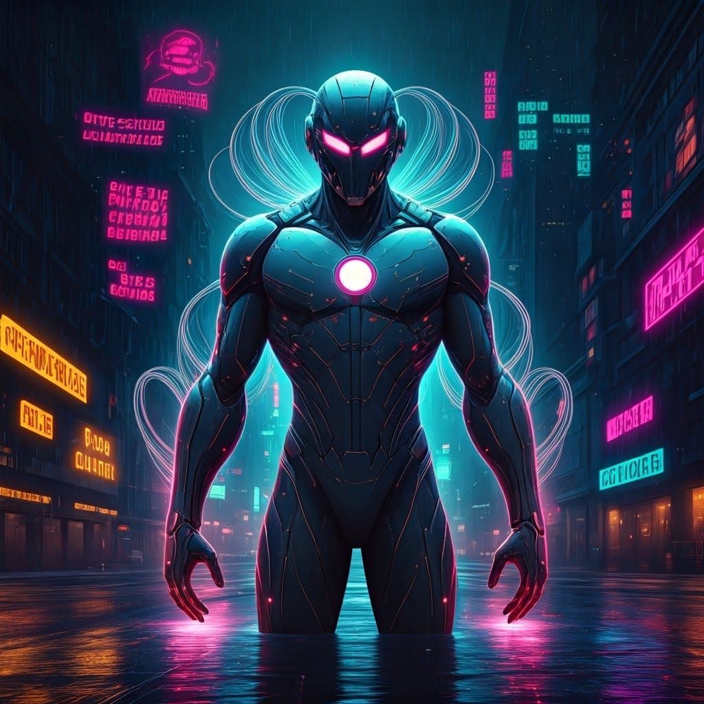 Cyberpunk Superhero in Digital Neon Cityscape