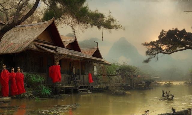 Asian Military Camp in Matte Painting Style
