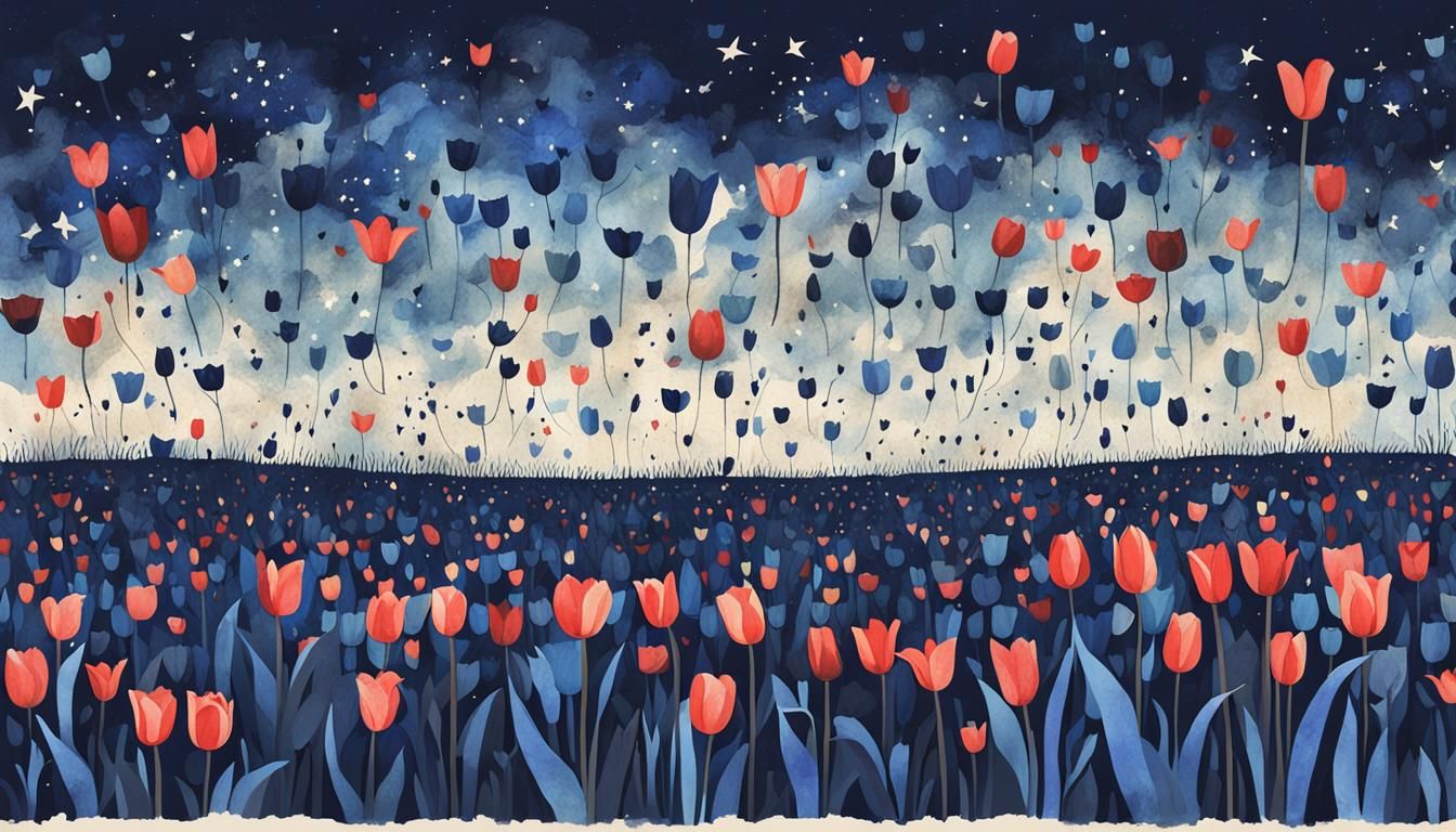 Whimsical Asemic Poster: Blue Tulips at Night