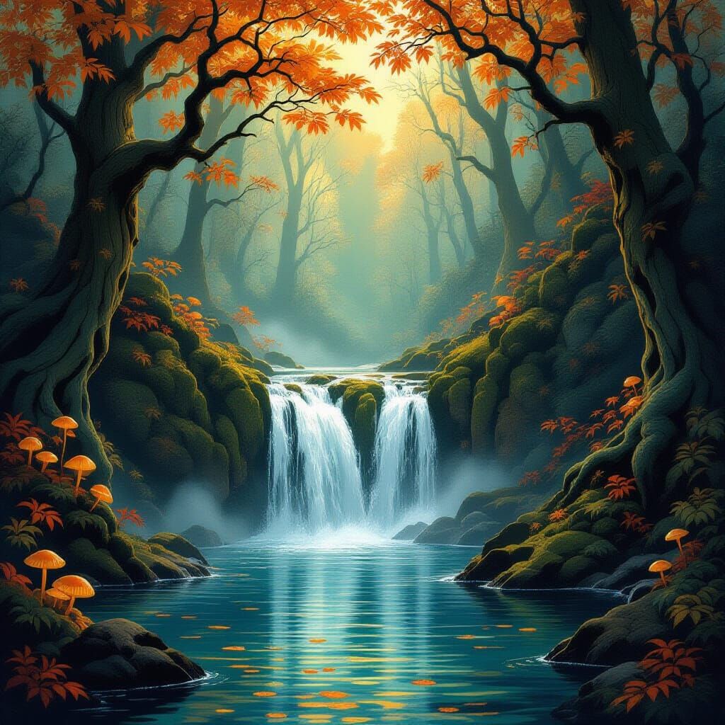 Hidden Forest Waterfall in Amber and Scarlet