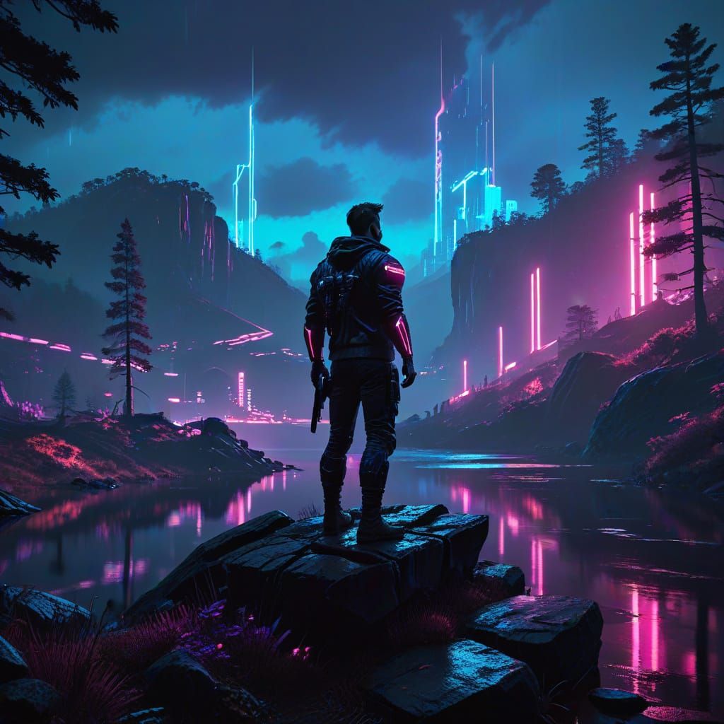 Cyberpunk 2099 Neon Nightscape: Lake and Forest