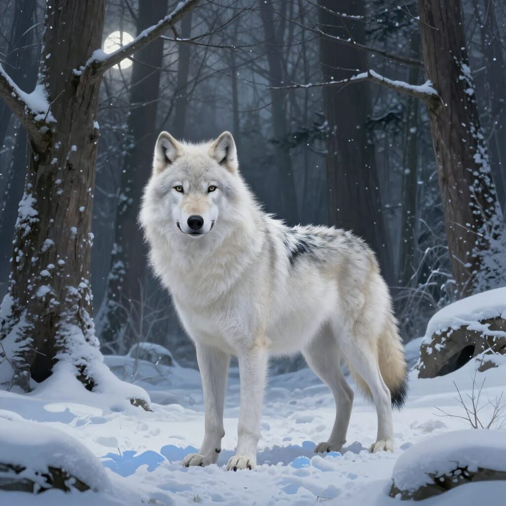 Majestic White Wolf in Moonlit Winter Forest