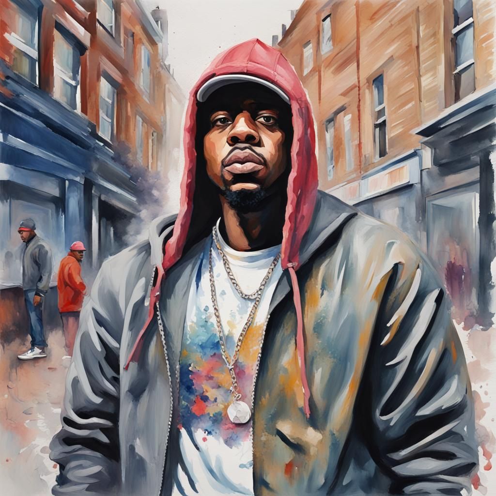 UK Rapper in Gouache Style Urban Landscape