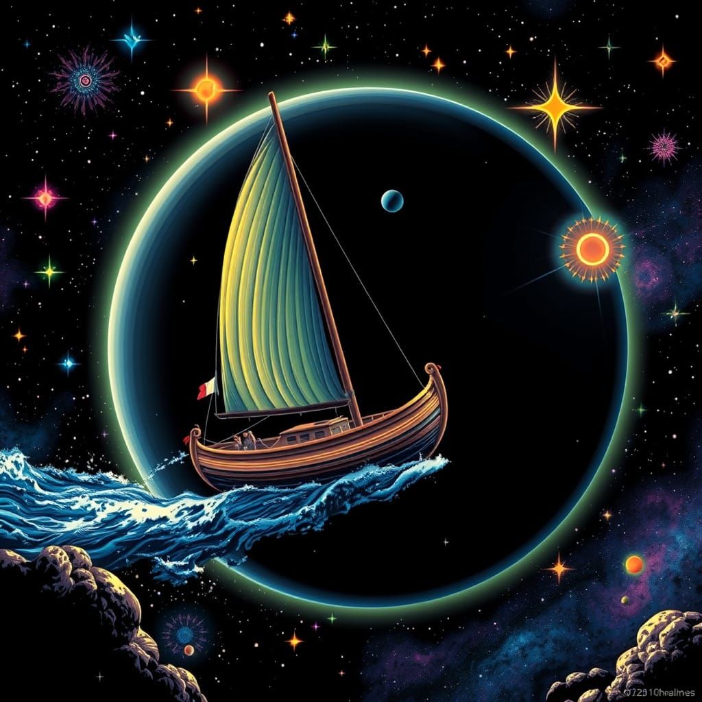 Psychedelic Spaceboat Sails Through Vibrant Galaxies