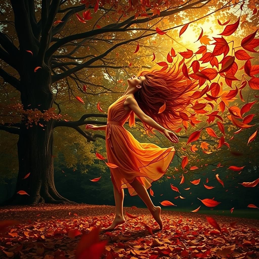 Autumn Leaves Form Dancing Woman in the Wind