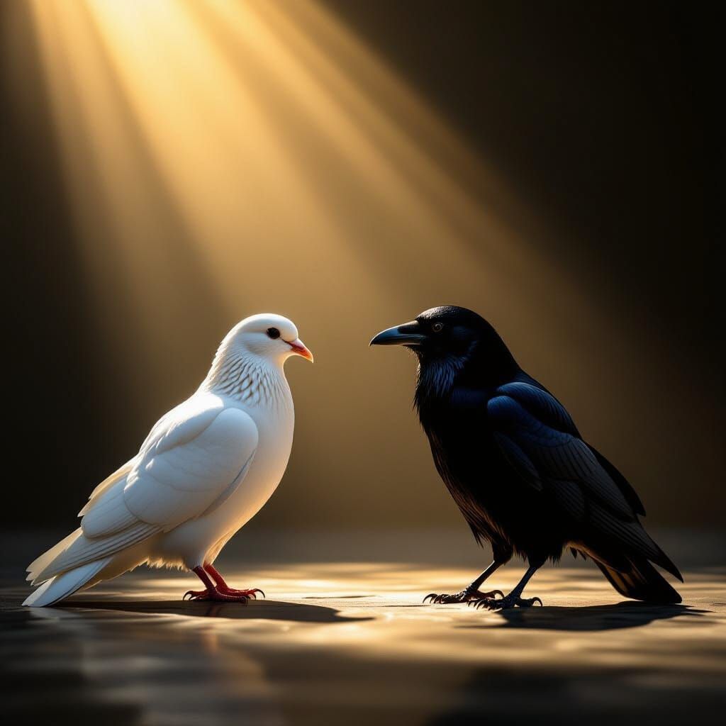 Chiaroscuro Photograph of Dove and Raven in Dramatic Light