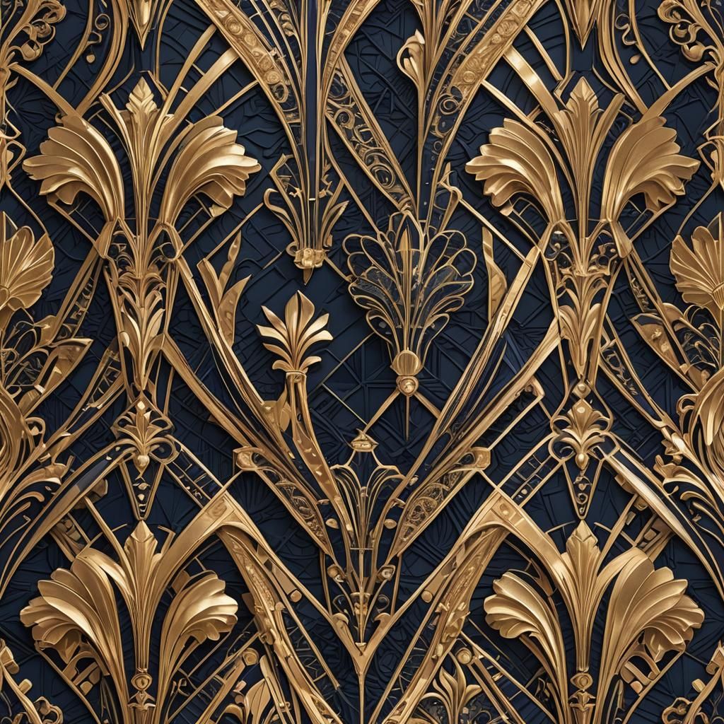 Striking Art Deco artwork featuring a bold geometric design with rich gold and deep navy blue accents. The composition i...