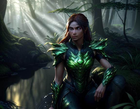 Female Amphiboid on Moss Rock in 3D Style