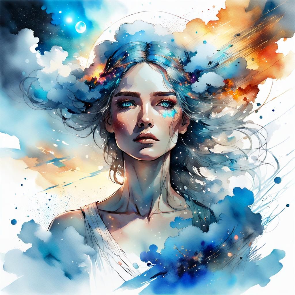 Cloud Goddess in Watercolor Fantasy Landscape