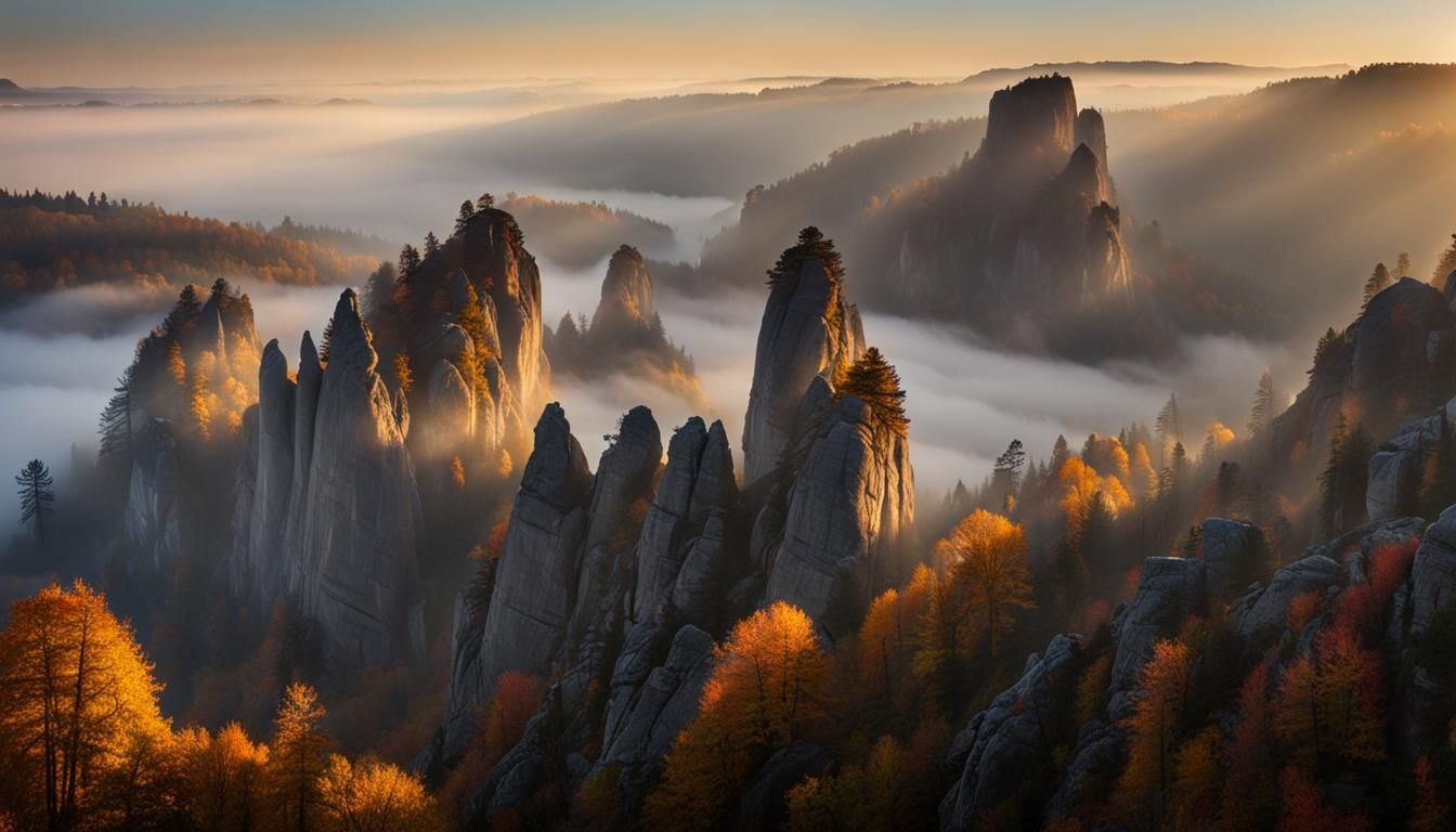 Elbe Sandstone Mountains in Foggy Autumn Light