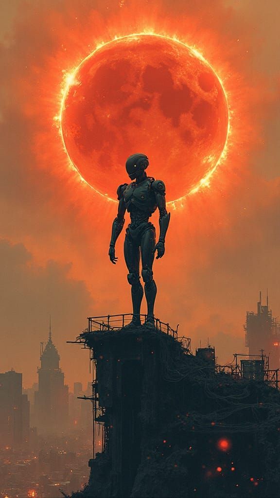 A lone android stands atop a steel ruin under a total eclips...