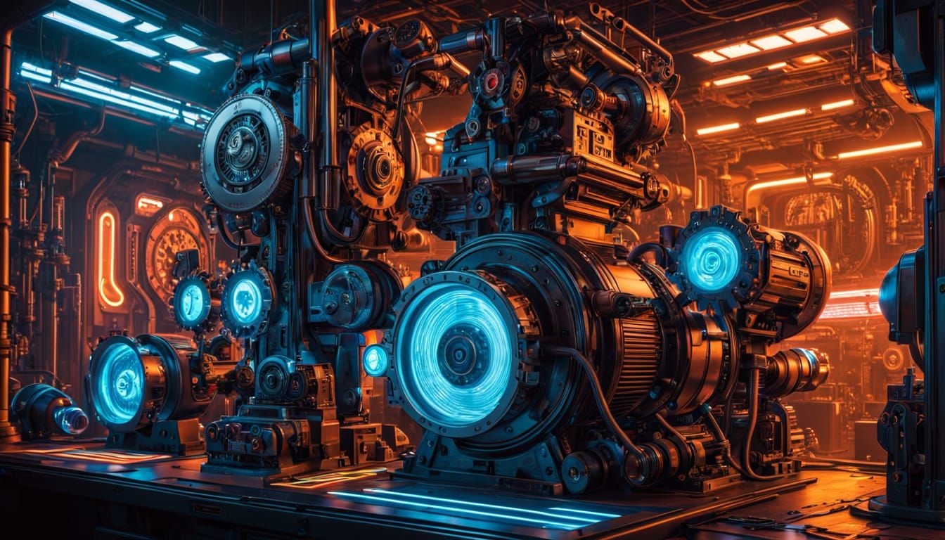 Cyberpunk Inventor at Work in Neon-Lit Workshop