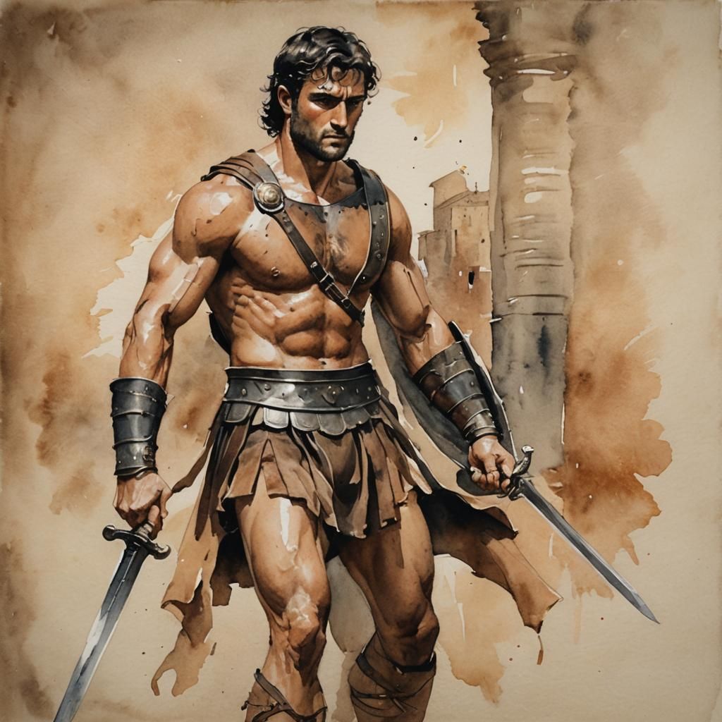 Handsome Gladiator in Colosseum: Watercolor Art
