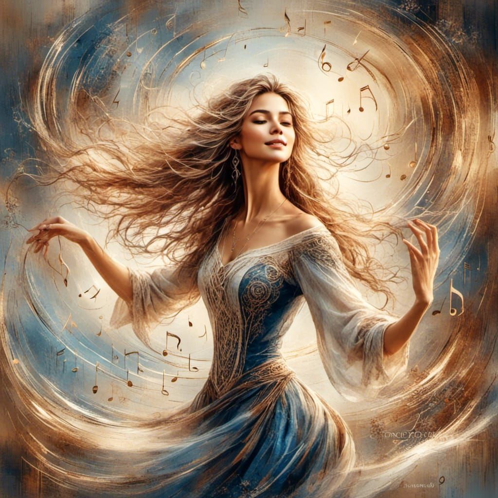 Boho Lady Dancing with Musical Notes