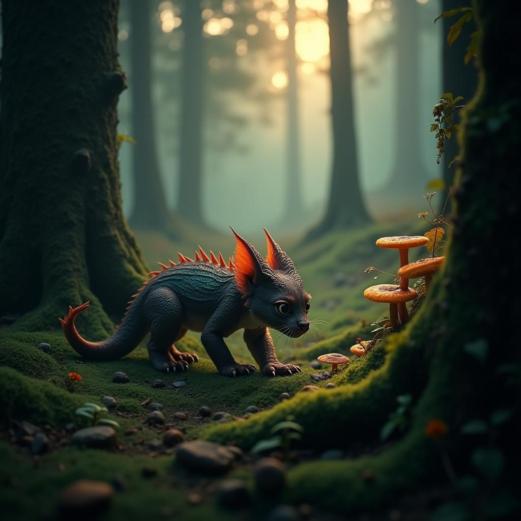 Wounded Cat-Dragon Hybrid in Misty Forest, Dreamlike Art