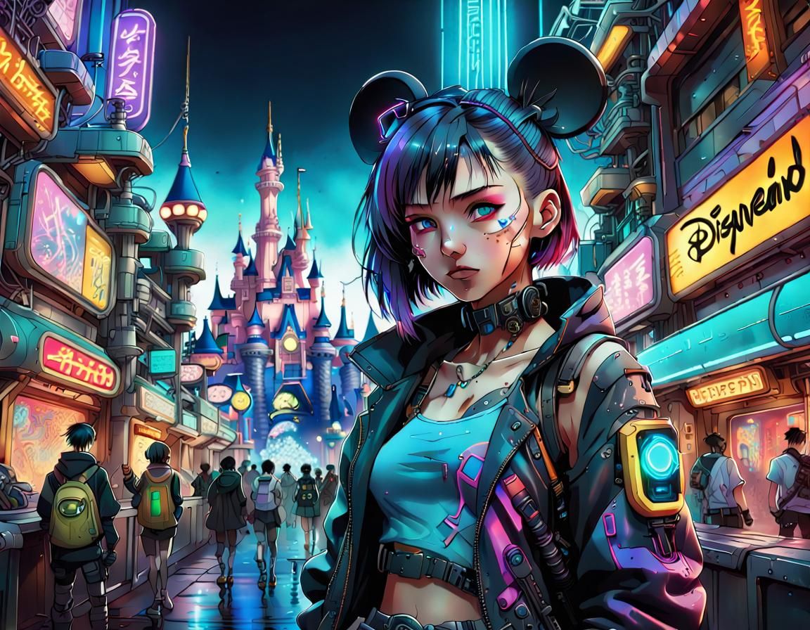 Cyberpunk Disneyland in Anime Art Style