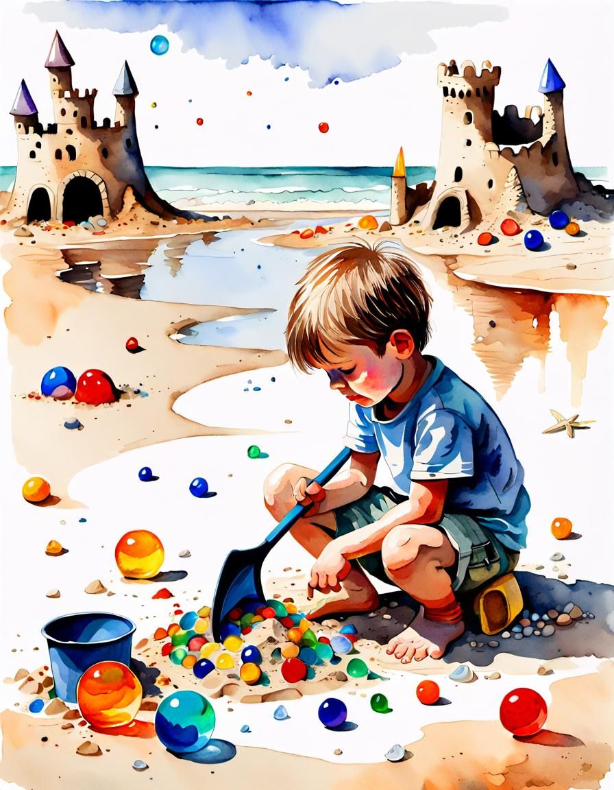 Child's Ruined Sandcastle: A Watercolor Beach Scene