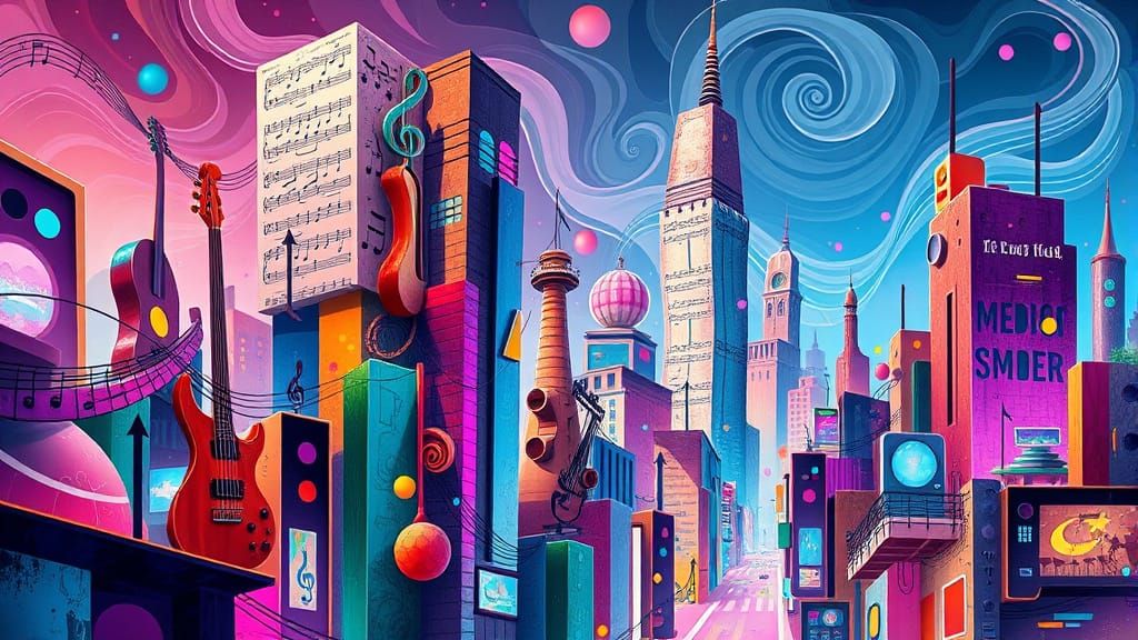 Abstract Music Cityscape with Neon Lights