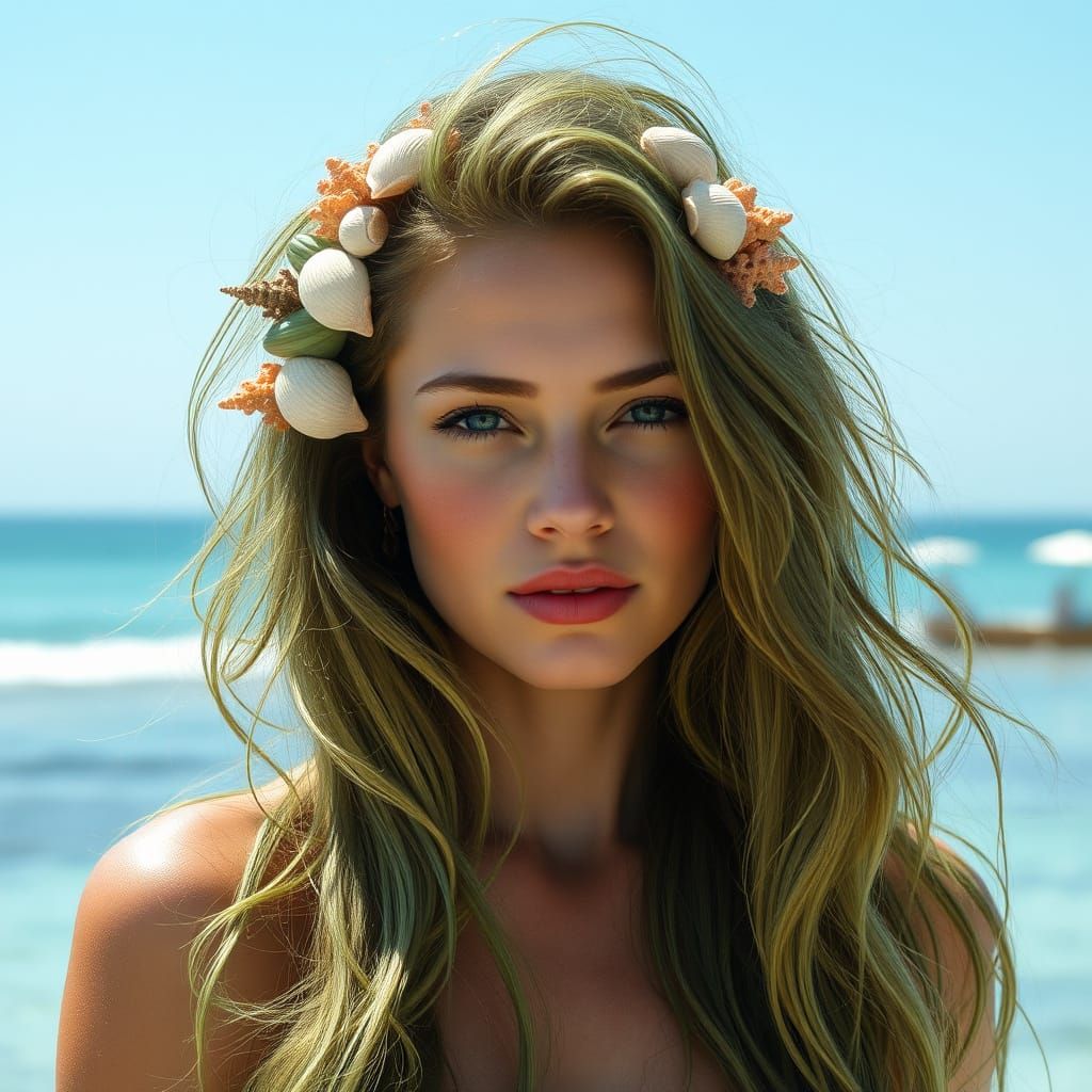 Woman with Coral Hair by the Sea
