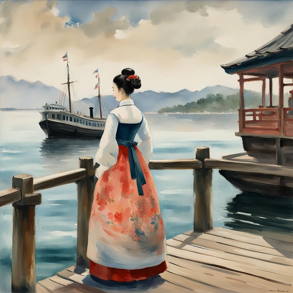 Korean Woman on Dock in Gouache Impressionist Style