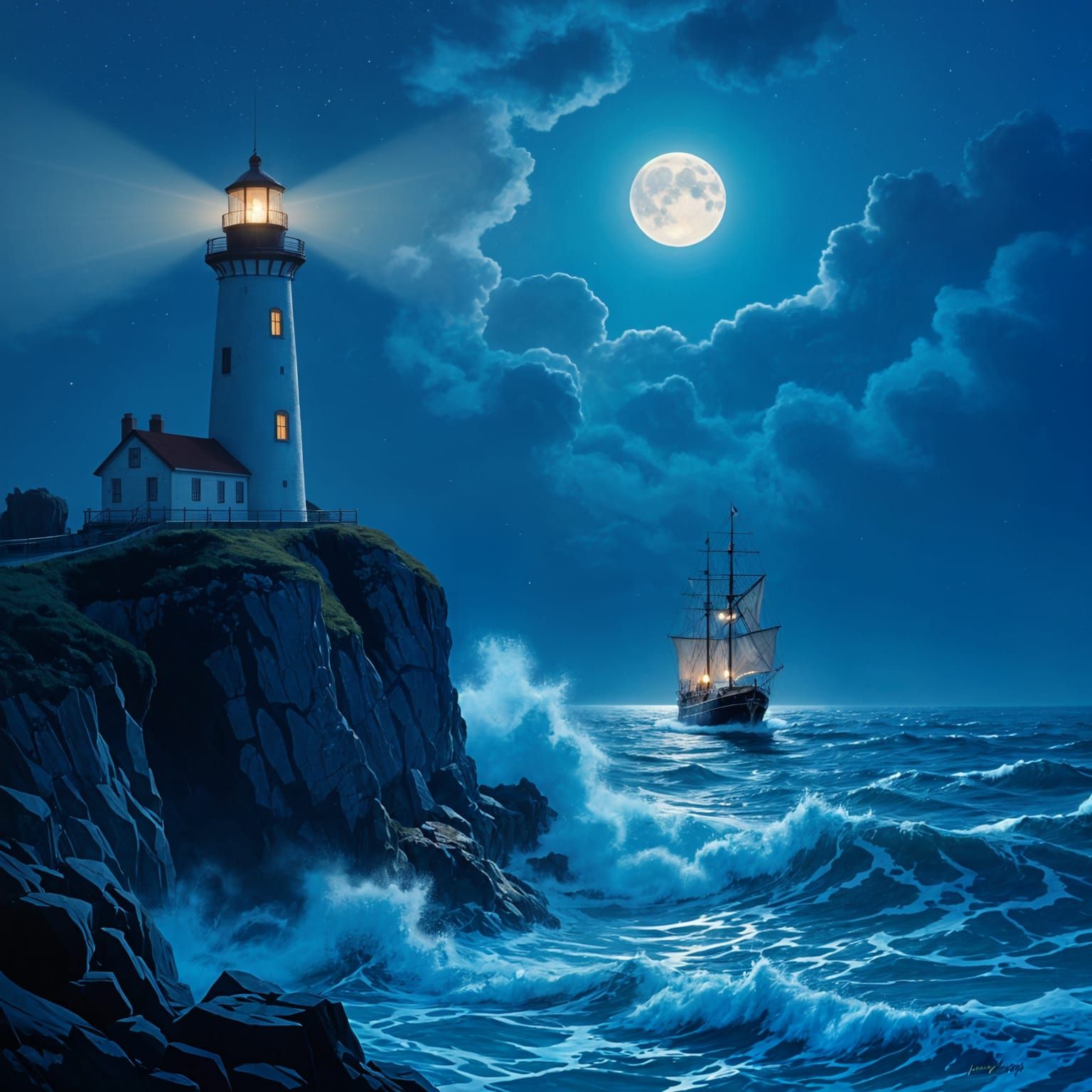 Moonlit Lighthouse Guiding Ship at Night