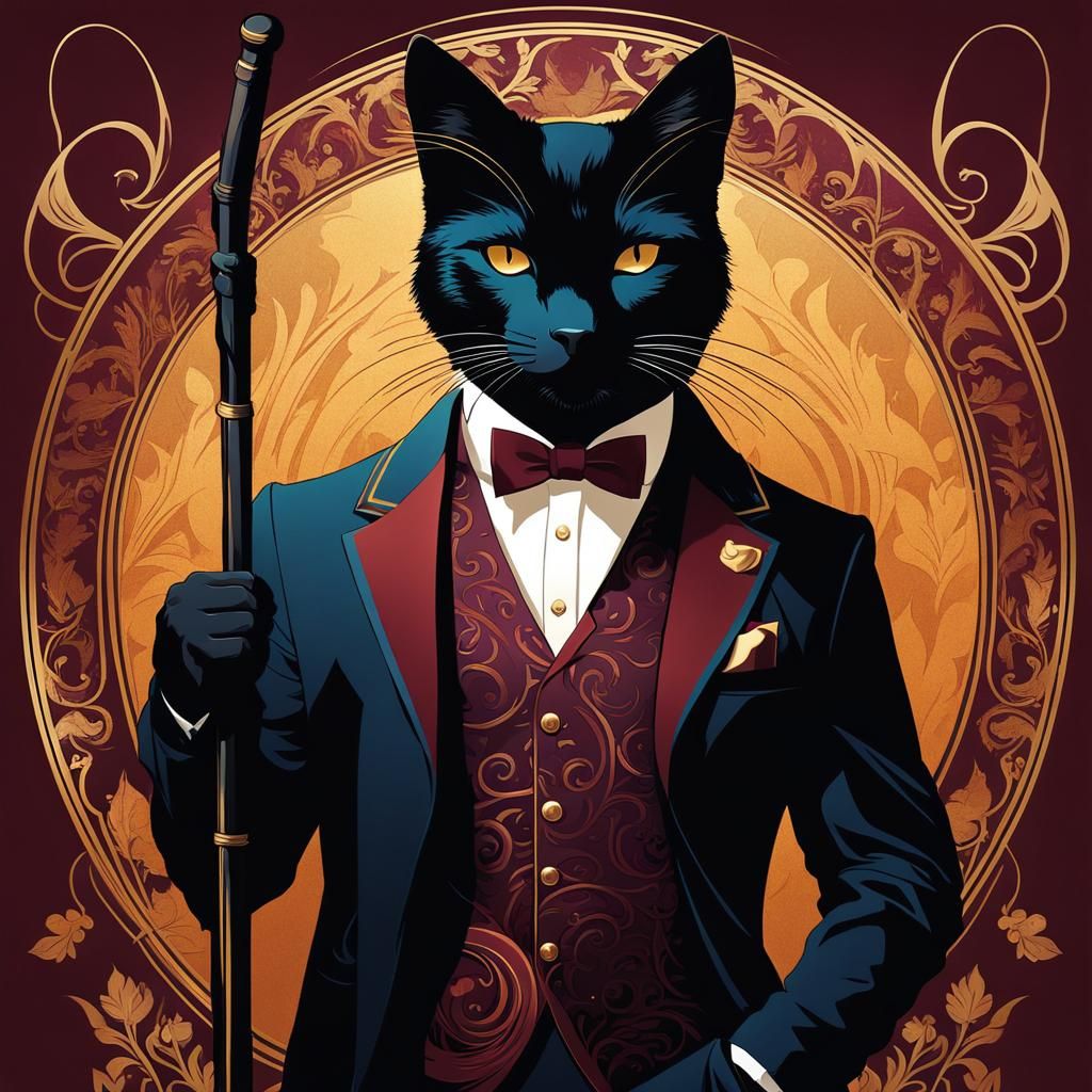 Elegant Black Cat Portrait in Art Nouveau Style
