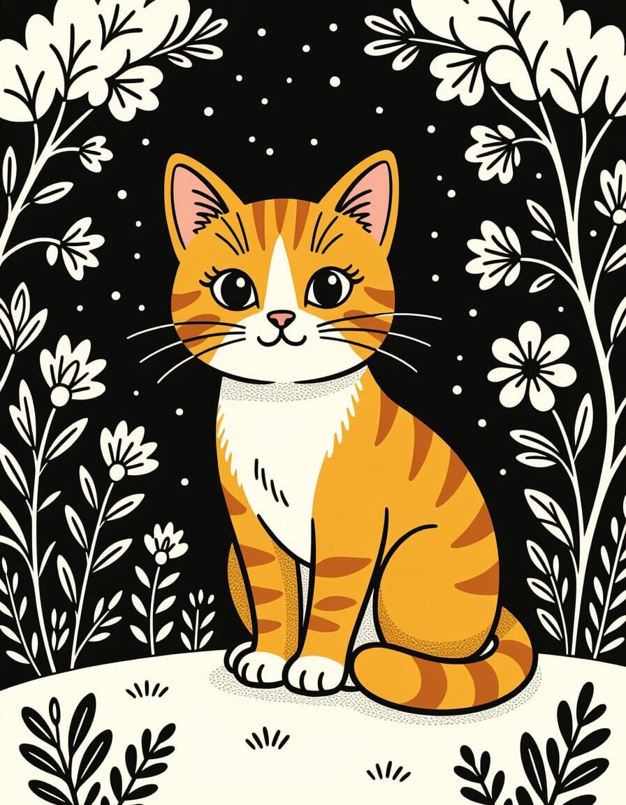 Cute Cat Posing in Coloring Book Style