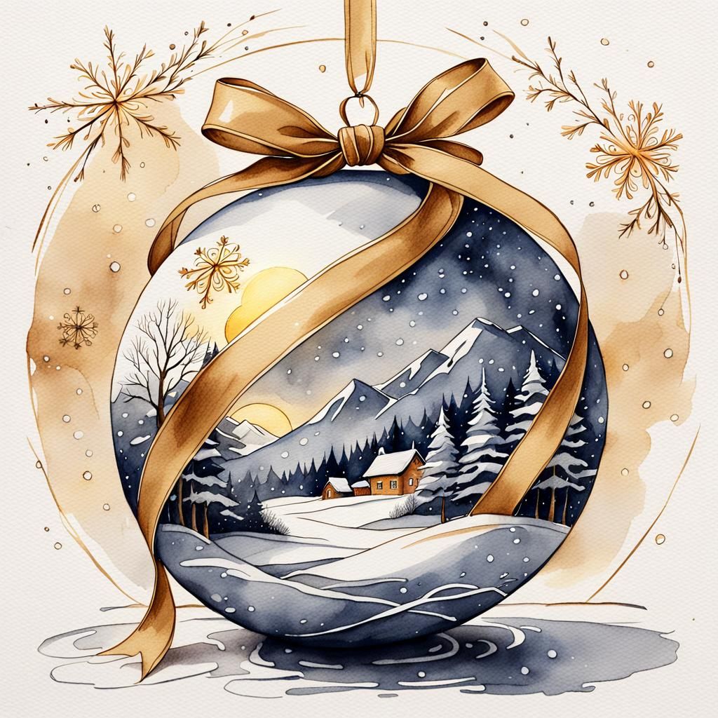 Winter Solstice Blessing Ball in Elegant Ink and Watercolor