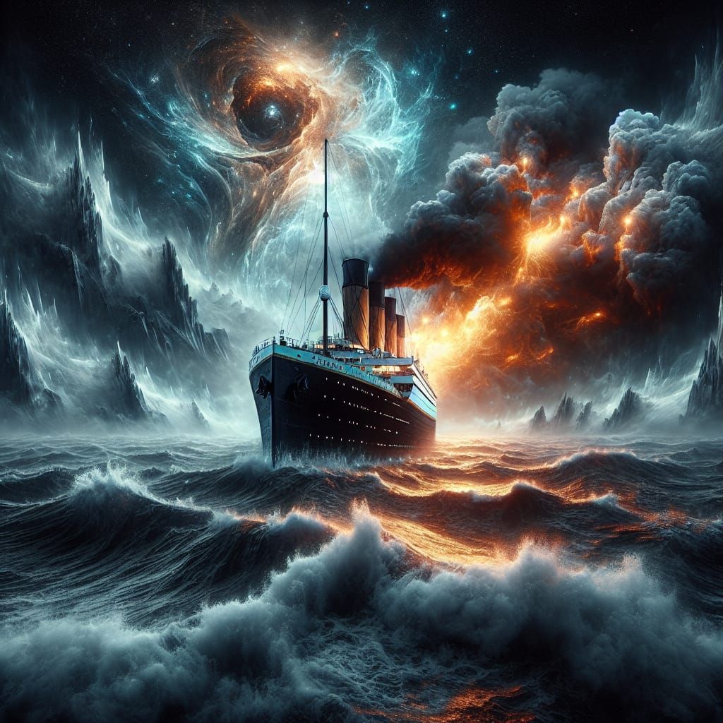 Titanic Sails a Stormy Sea Under Celestial Veil