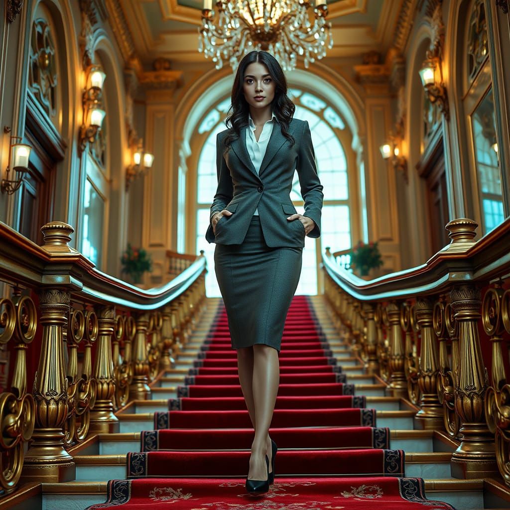 Elegant Businesswoman Ascends Lavish Stairway