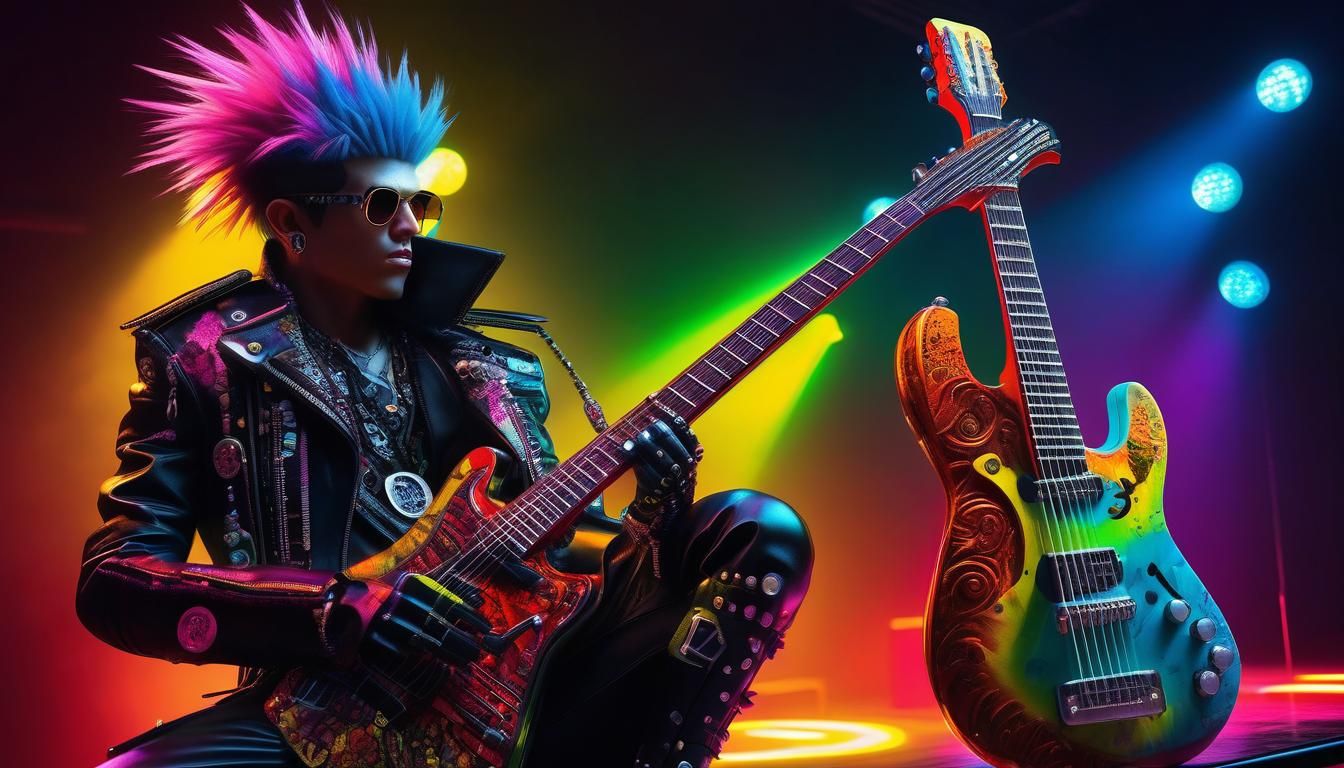 Biopunk Punk Rocker with Guitar in Vibrant Colors