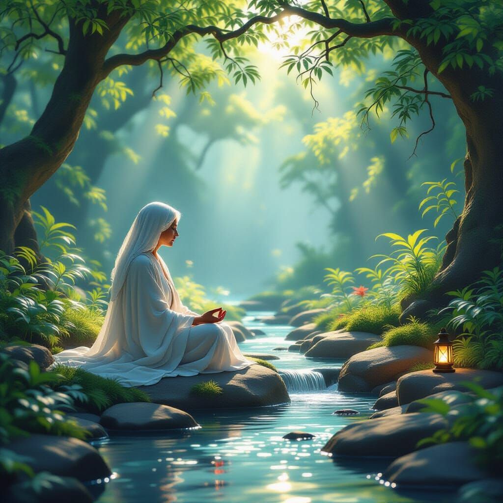 Elderly Woman Meditating in Sunlit Forest Sanctuary